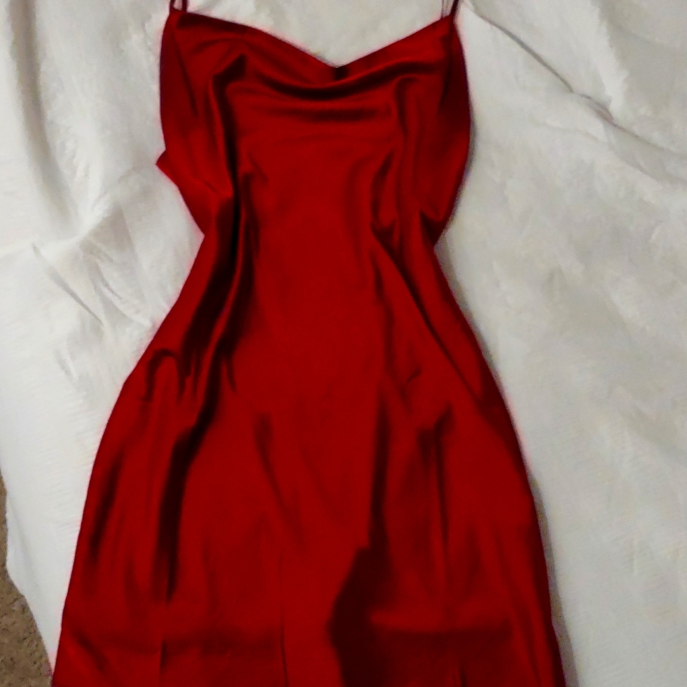 red satin cowl neck dress